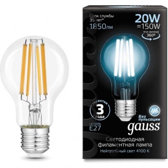 Лампа GAUSS FILAMENT А60 20W 1850lm 4100К Е27 LED