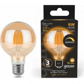 Лампа GAUSS FILAMENT G95 6W 620lm 2400К Е27 golden диммируемая LED