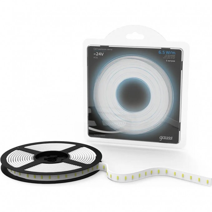Лента GAUSS LED 2835/120-SMD 6.5W 24V DC 600lm/m 5000K IP20 (блистер 5м) 312000265