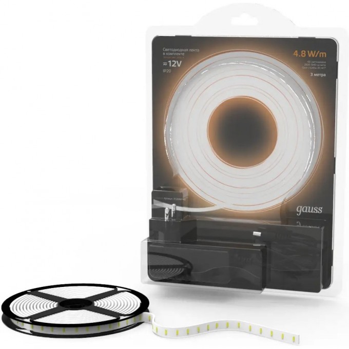 Лента GAUSS LED Комплект 2835/60-SMD 4,8W 12V DC теплый белый IP20 (блистер 3м) 312000148